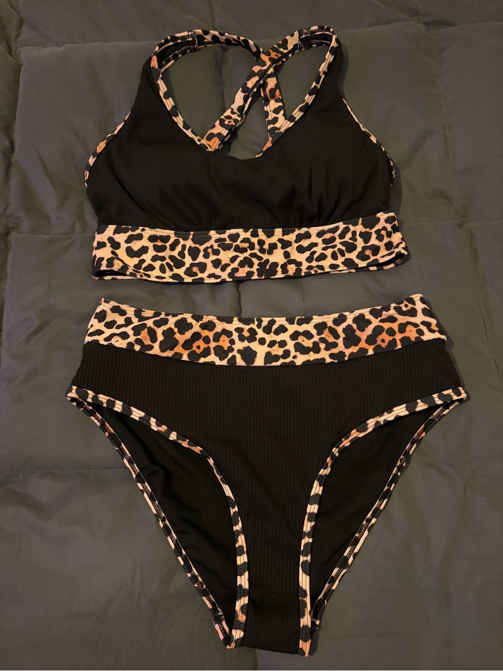 Black Bikini Set with Leopard Trim
